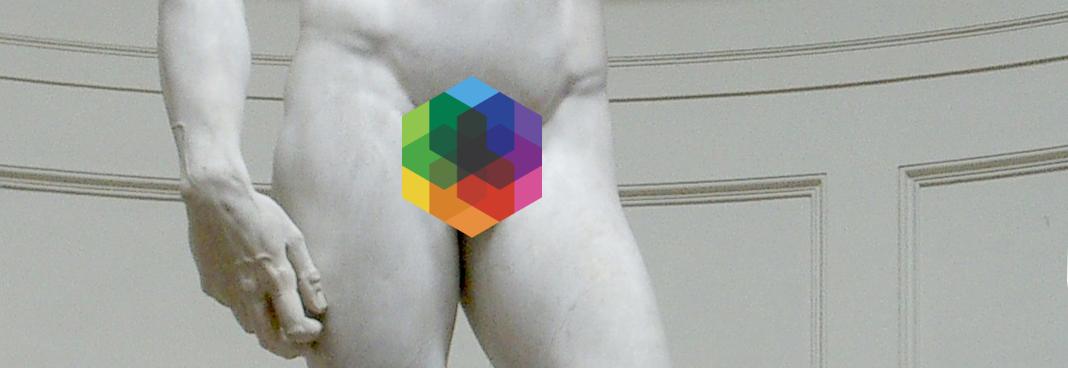 Close crop of Michaelangelo's statue of David with the Kalamuna logo covering the groin area
