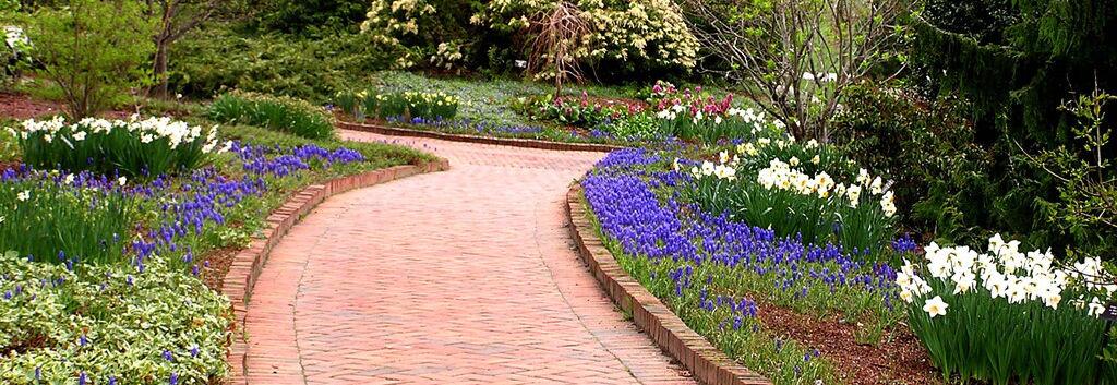A wide red brick path winds through a garden with Springtime flowers