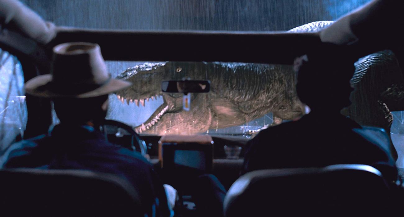 Shot from Jurassic Park movie when a Tyrannosaurus Rex is caught in the headlights of the heroes' jeep.