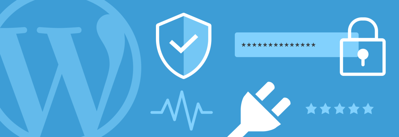 Large WordPress logo featuring an armour shield with a checkmark inside, a lock, password illustration, five stars, and plug.