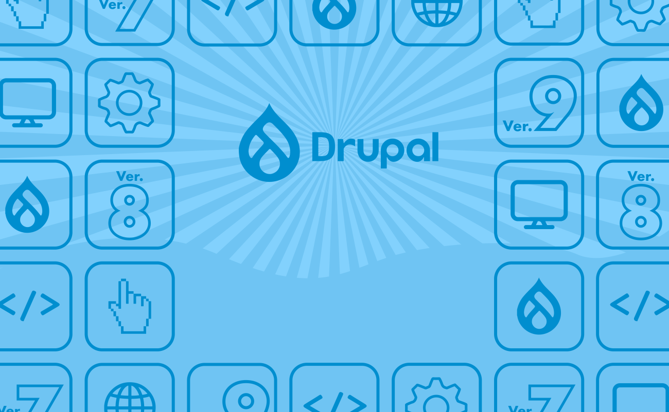 Image including the Drupal in the center and various icons like a computer, gear, "Ver. 8" and the Drupal logo surrounding it with a blue overlay. 