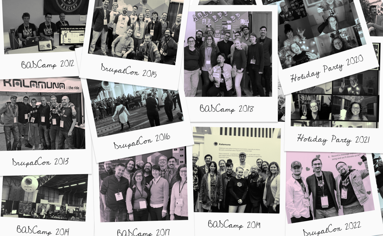 A collage of the Kalamuna team over the years at different conferences such as BADCamp and Drupalcon. All of the images are inside of old polaroid frames. 