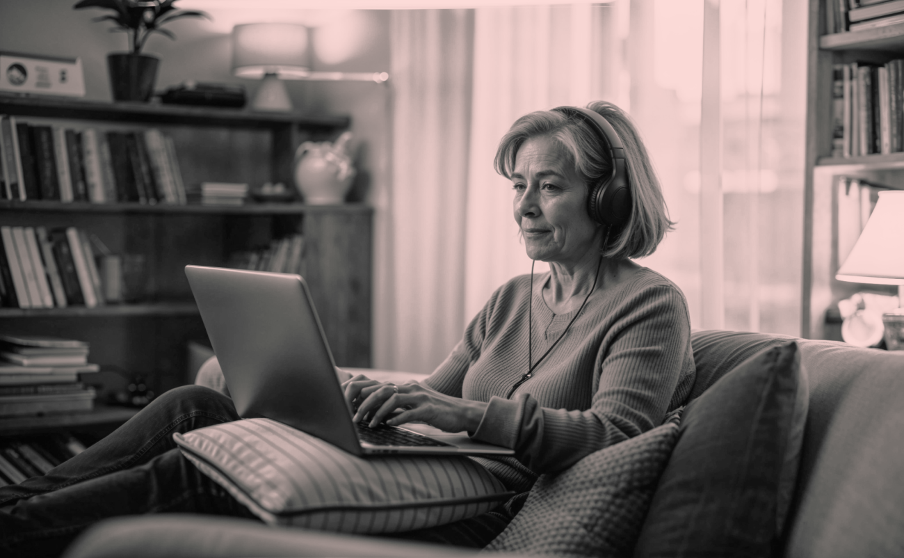 A woman sitting on a couch in a living room working on a laptop on her lap.