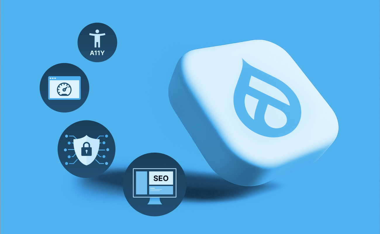 The Drupal "drop" logo displays on a 3D chit, accompanied by four logos to the side representing SEO, security, time, and accessibility.