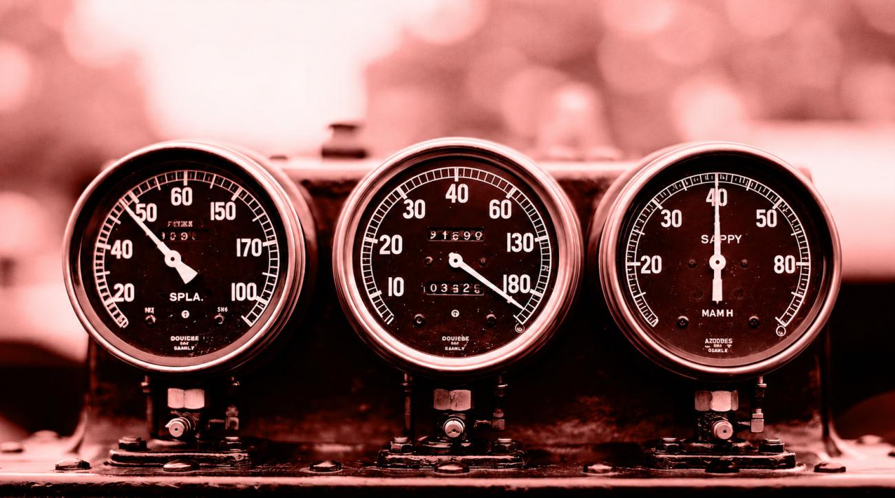 Three dials in a row with the needles pointing to different positions