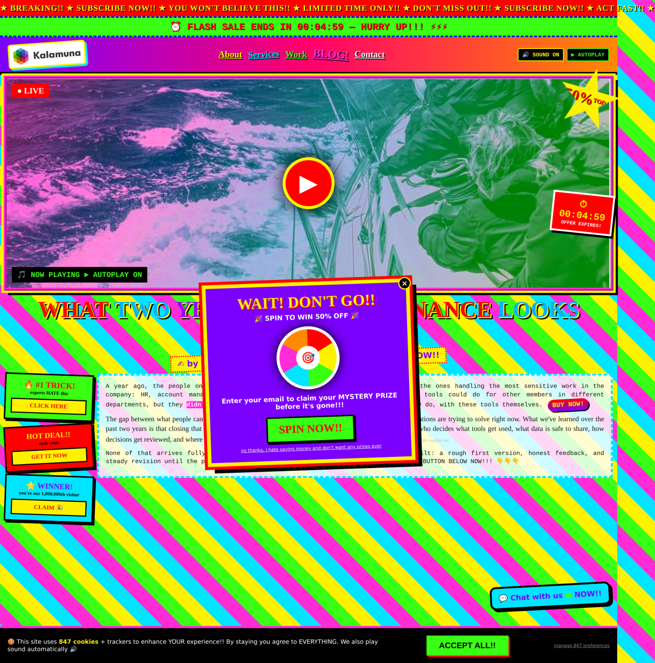 Mockup of a web page featuring an obnoxious number of popups, buttons, CTAs, badges, and alerts, all in vivid colours.